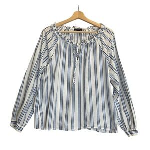 J. Crew‎ Textured Striped White Blue Peasant Top Long Sleeve Boxy Costal Preppy